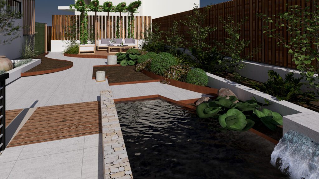 3D landscape design render of a modern courtyard garden in Tura Beach featuring a stone water feature, paved walkways, and tiered garden beds.
