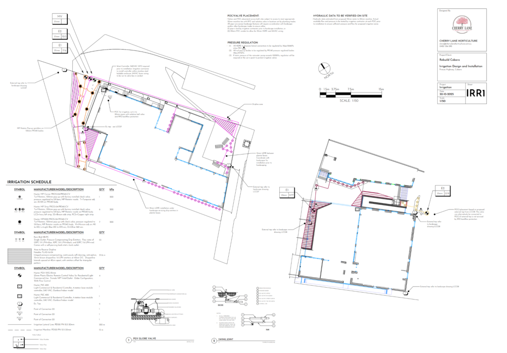 Commercial irrigation design plans showing zone layouts, lateral runs and sprinkler locations for a Cobargo NSW project