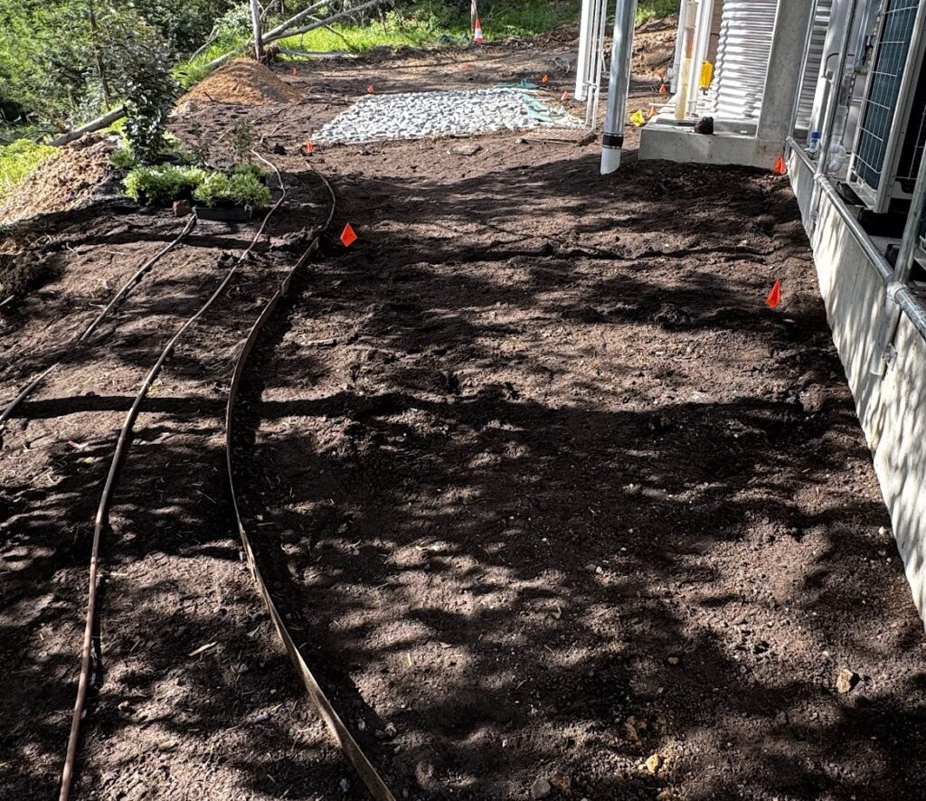 Drip and sprinkler irrigation install — native garden, rainwater integration, Cobargo bushfire rebuild project, Bega Valley