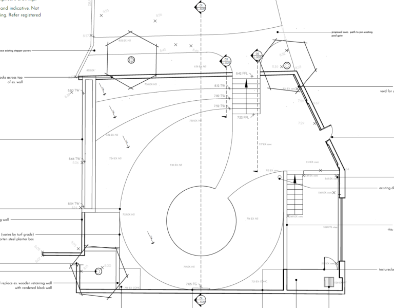 Site plan showing tiered courtyard design with curved grass terraces and central seating area, South Coast NSW