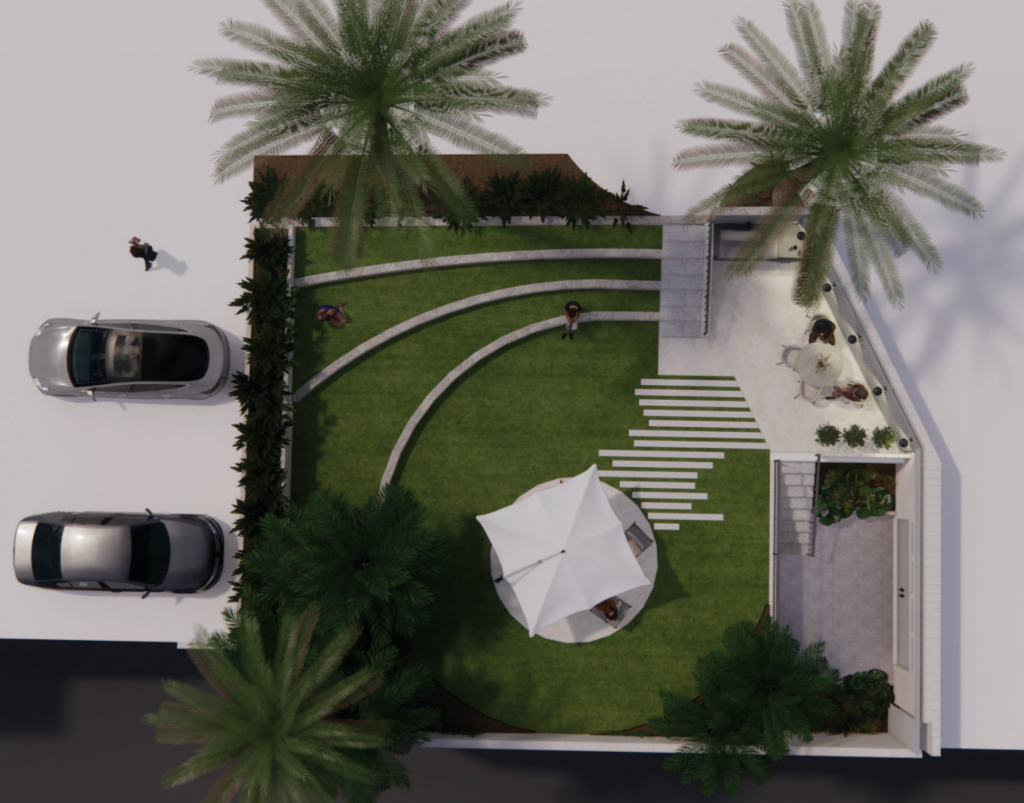 render of redesigned motel guest facilities with curved lawn, palm trees and entry path, Merimbula NSW